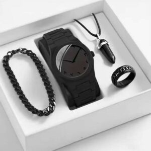 Classic Analog Wristwatch & Bracelet Gift Set Black